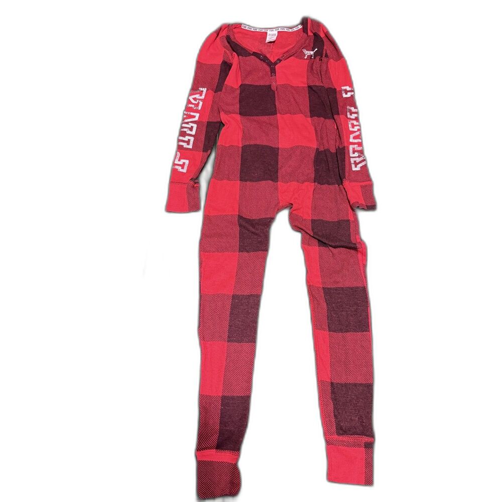 Vintage Victoria's Secret PINK Red Buffalo Plaid Thermal Onesie — Glitter logo